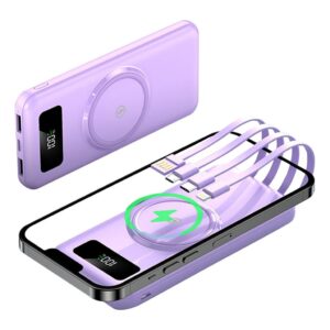 Banco de energia universal, vem com 4 cabos de carregamento USB, adequado para Type-c, Micro, Apple, display de energia LED inteligente USB, carregador externo portátil, 20000mAh (Roxo)