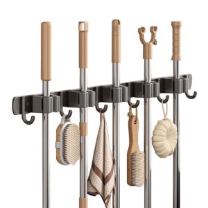 Suporte de Vassoura de Parede com 11 Acessórios para Vassoura e Rodo sem Furação Ganchos de Aço Inoxidável Reforçado com Silicone Antiderrapante Organizador Multifuncional para Banheiro e Cozinha