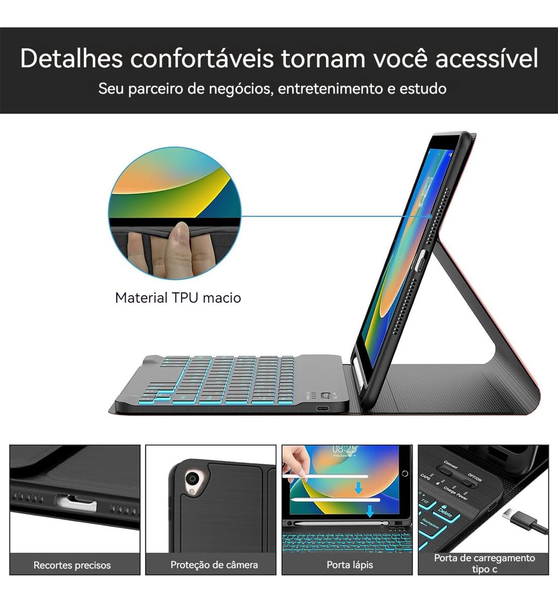 Capa Para Tablet, Capa + Mouse e Teclado Magnético Bluetooth Destacável Para iPad 6ª /5ª Geração air/air2 (Preto, Teclado retroiluminado) - Imagem 7