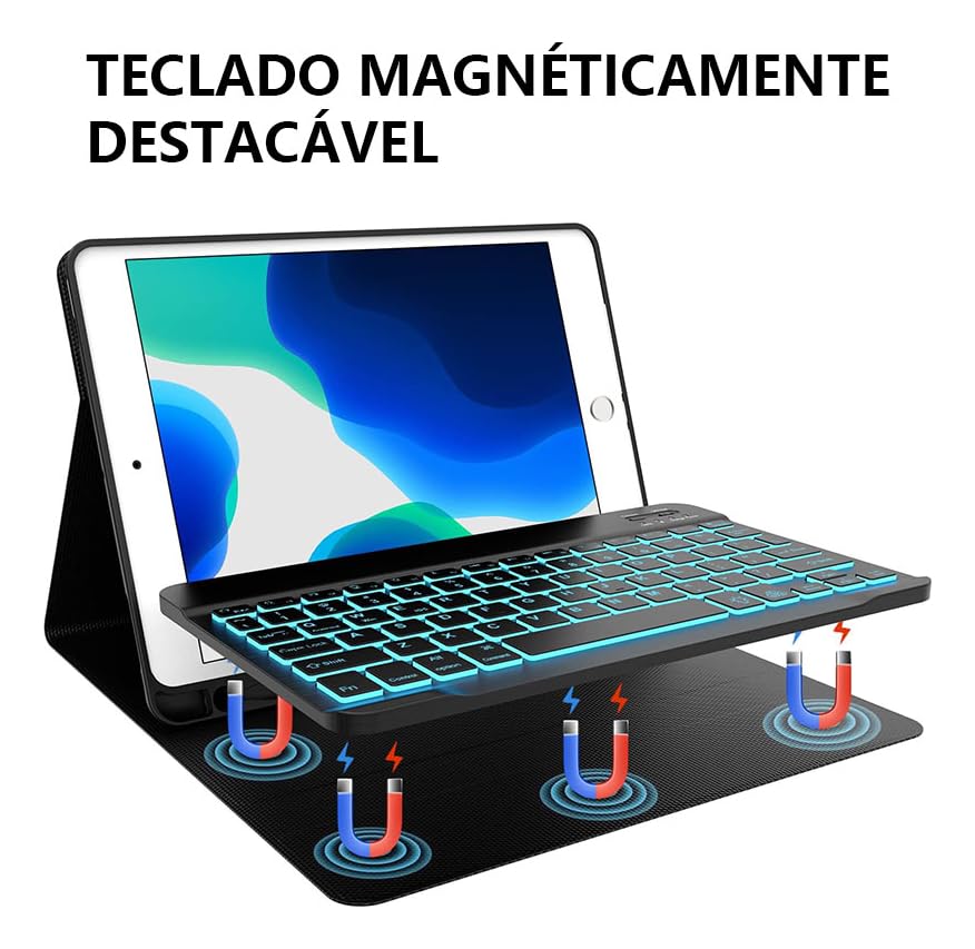 Capa Para Tablet, Capa + Mouse e Teclado Magnético Bluetooth Destacável Para iPad 6ª /5ª Geração air/air2 (Preto, Teclado retroiluminado) - Imagem 3