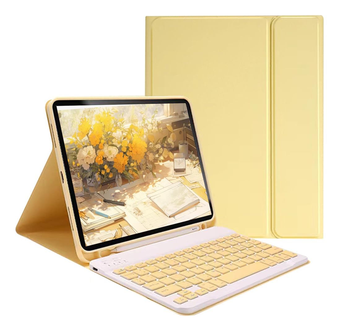 Capa para tablet para iPad de 10,2 polegadas de 8ª, 7ª e 9ª geração com teclado magnético sem fio, fina, leve e à prova de quedas (amarelo limão, Estilo comum)