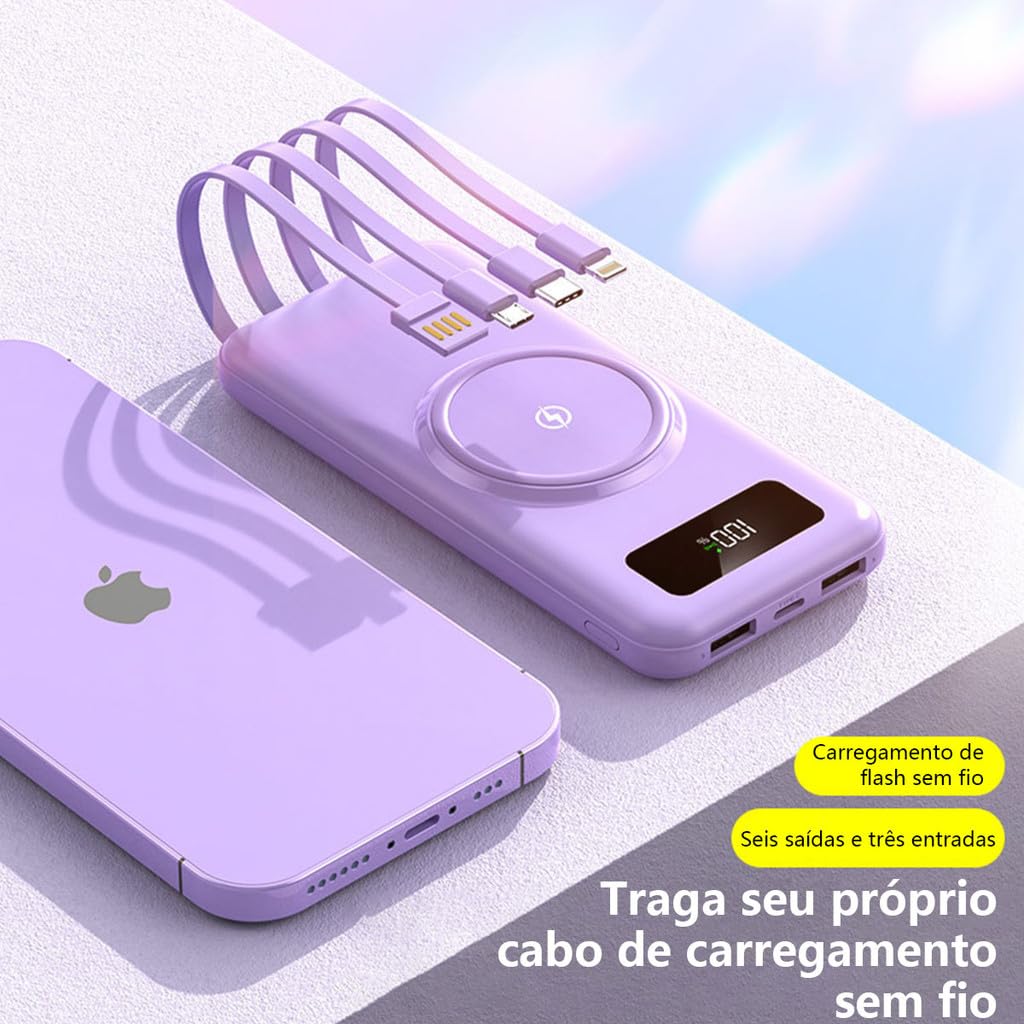 Banco de energia universal, vem com 4 cabos de carregamento USB, adequado para Type-c, Micro, Apple, display de energia LED inteligente USB, carregador externo portátil, 20000mAh (Roxo) - Imagem 3