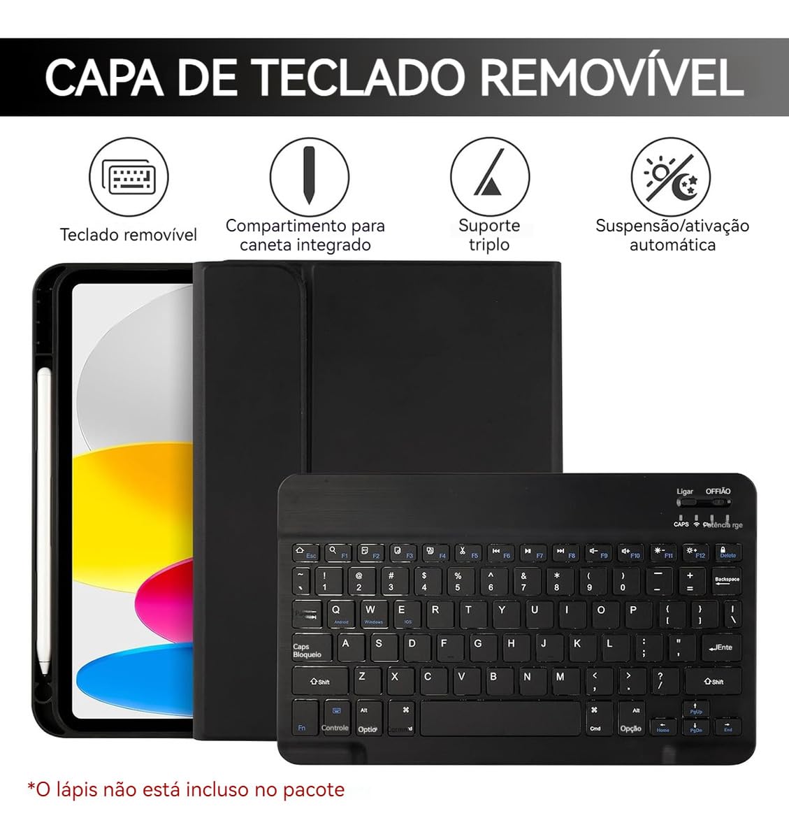 Capa para tablet para iPad de 10,2 polegadas de 8ª, 7ª e 9ª geração com teclado magnético sem fio, fina, leve e à prova de quedas (amarelo limão, Estilo comum) - Imagem 4