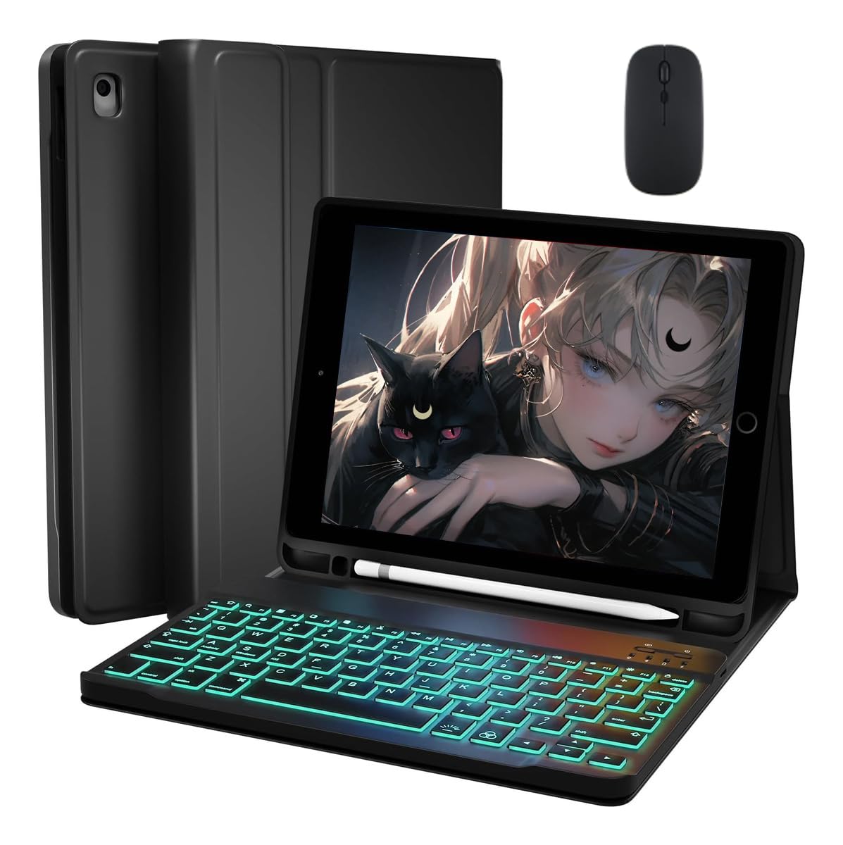 Capa Para Tablet, Capa + Mouse e Teclado Magnético Bluetooth Destacável Para iPad 6ª /5ª Geração air/air2 (Preto, Teclado retroiluminado)