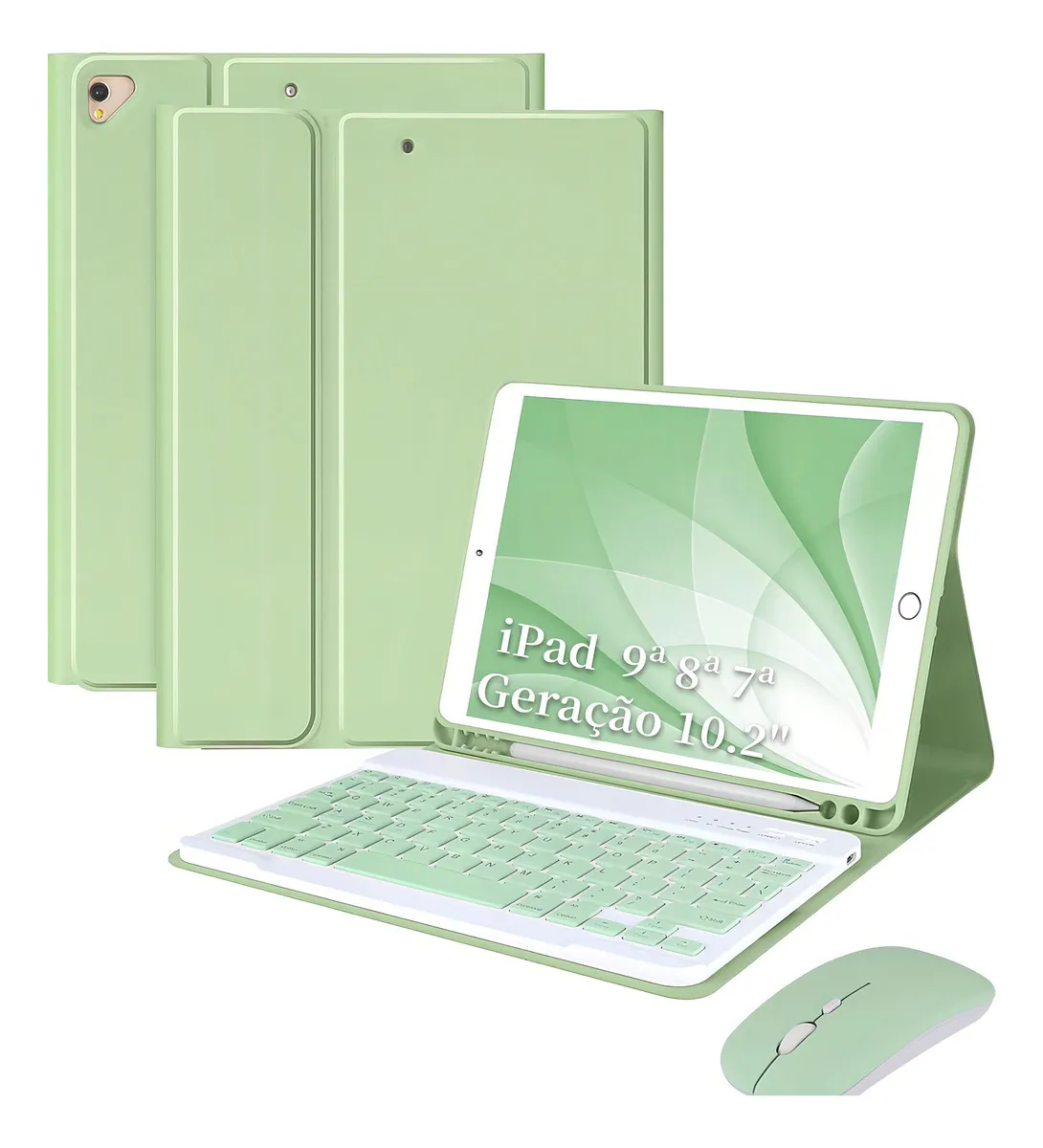 Capa para tablet com teclado e mouse para iPad 10,2'' 9ª, 8ª e 7ª geração Cor Verde Teclado Verde Mouse Verde recarregável
