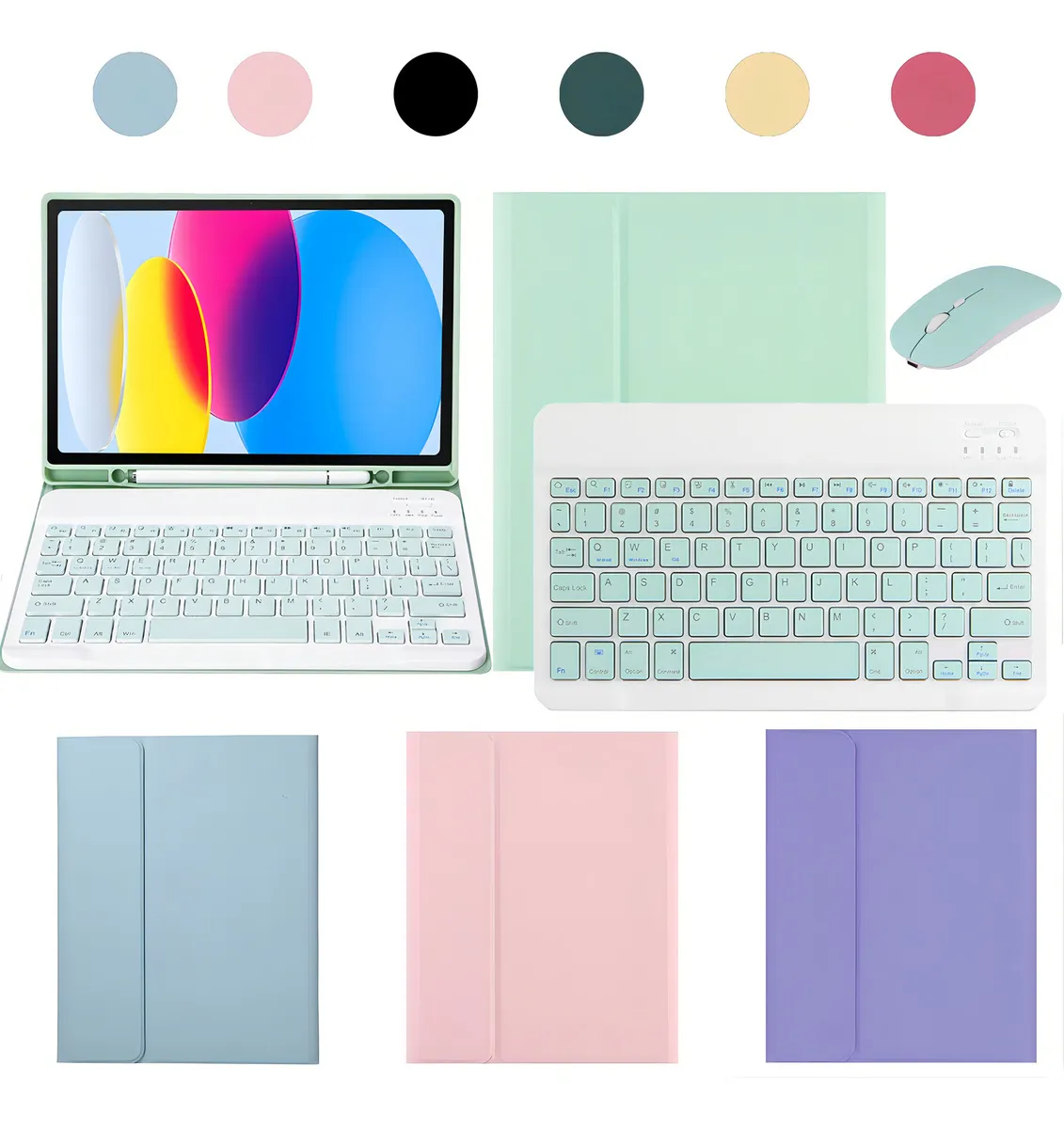 Capa para tablet com teclado e mouse para iPad 10,2'' 9ª, 8ª e 7ª geração Cor Verde Teclado Verde Mouse Verde recarregável - Imagem 26