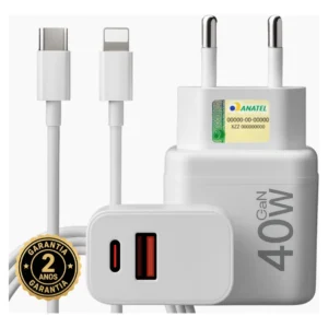 Carregador Turbo 40w Compativel Com iPhone 8 X Xr 11 12 13 14 Pro Max Usb Tipo C Duplo