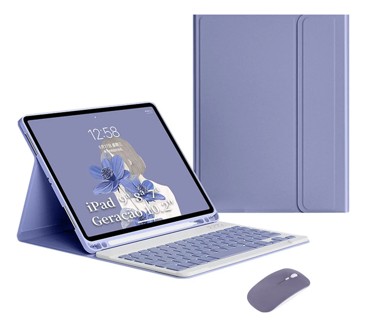 Teclado e Mouse Bluetooth - Capa para iPad 9ª 8ª 7ª Geração Cor Névoa Azul - Imagem 11