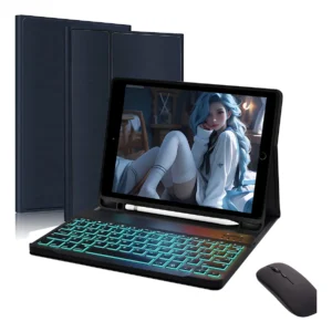 Teclado Retroiluminado + Mouse + Capa Para iPad 9ª Geração Cor Capa Azul Escura E Teclado E Mouse Iluminados