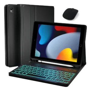 Teclado Retroiluminado + Mouse + Capa Para iPad 9ª Geração Cor Capa Preta E Teclado E Mouse Iluminados