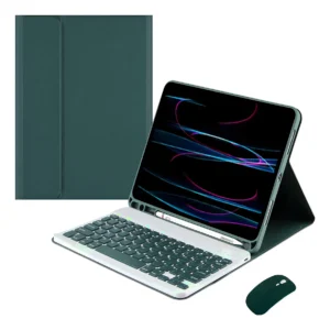 Capa Tablet + Teclado Luminoso + Mouse Para Samsung A7 Cor Verde Escuro + Teclado Sensível Ao Toque + Mouse
