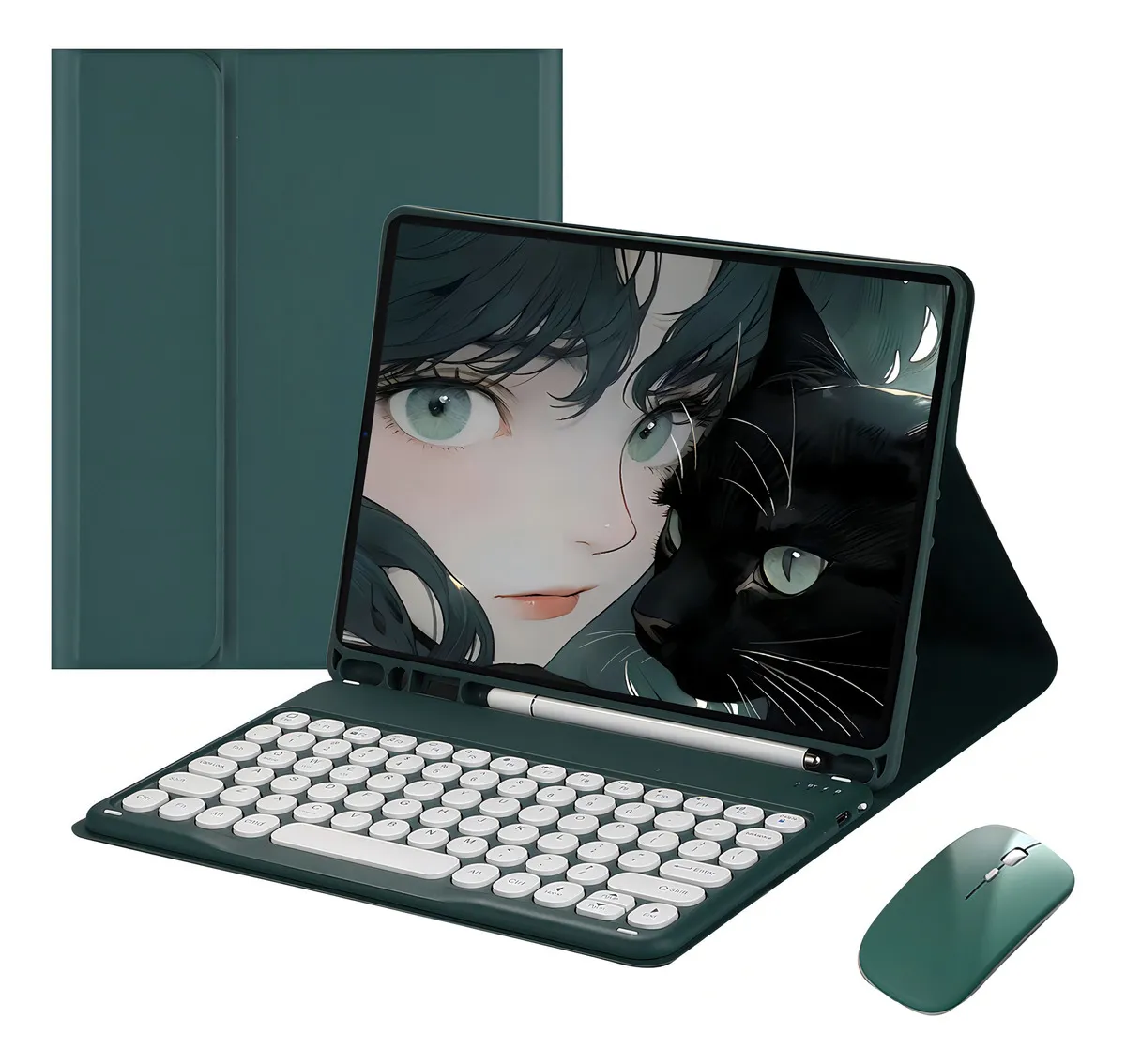 Capa para tablet com teclado e mouse para iPad 10,2'' 9ª, 8ª e 7ª geração Cor Verde Teclado Verde Mouse Verde recarregável - Imagem 27