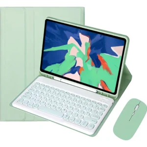 Capa Para iPad Geração 9/8/7 Com Teclado E Mouse Redondo Cor Verde Claro +round Cap Keyboard+mouse