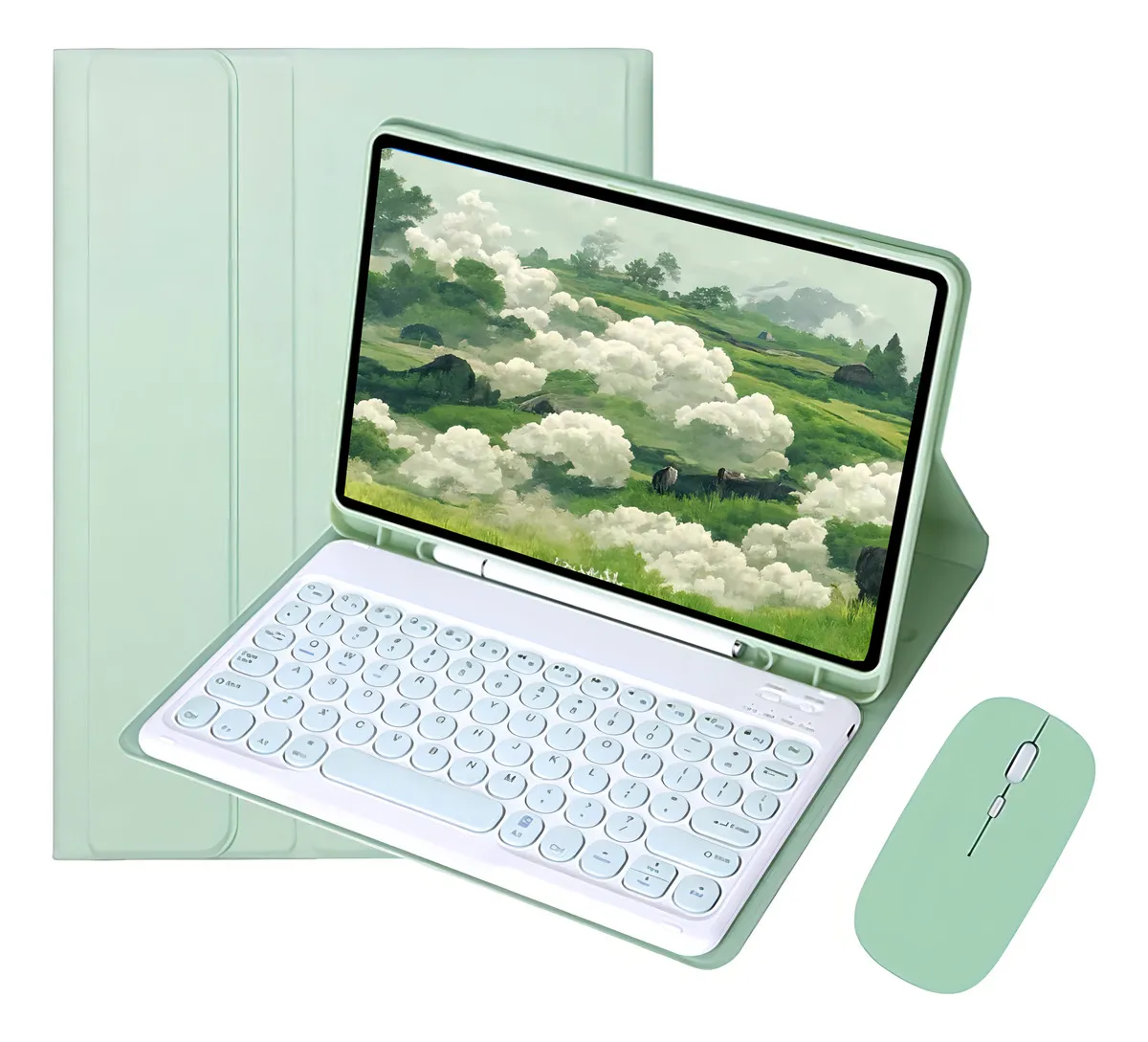 Capa para tablet com teclado e mouse para iPad 10,2'' 9ª, 8ª e 7ª geração Cor Verde Teclado Verde Mouse Verde recarregável - Imagem 16