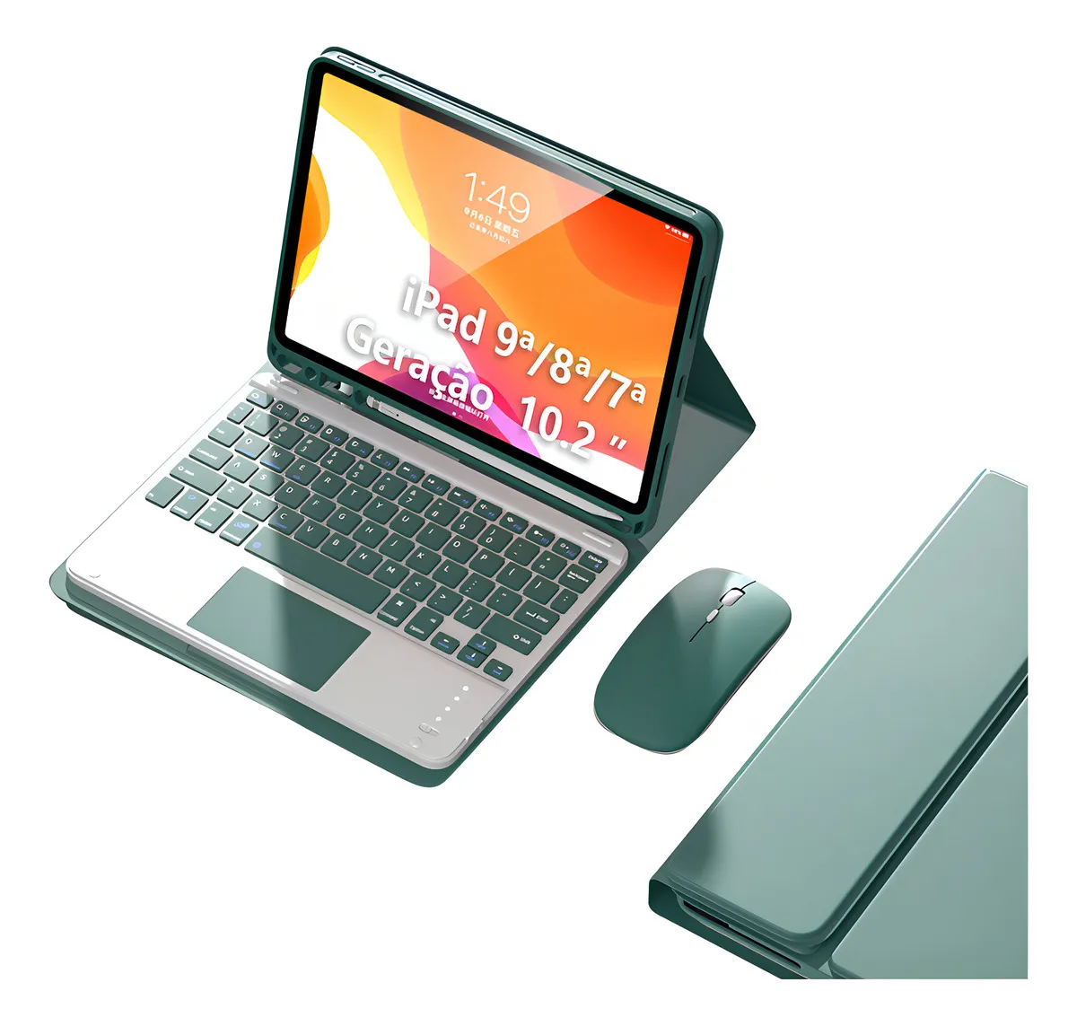 Capa para tablet com teclado e mouse para iPad 10,2'' 9ª, 8ª e 7ª geração Cor Verde Teclado Verde Mouse Verde recarregável - Imagem 25
