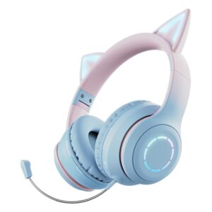 Fone de Ouvido Bluetooth, Fone de Ouvido Gamer de Aparência Elegante, Fone de Ouvido Sem Fio com Orelhas de Gato em Gradiente para Transmissão ao Vivo com Microfone
